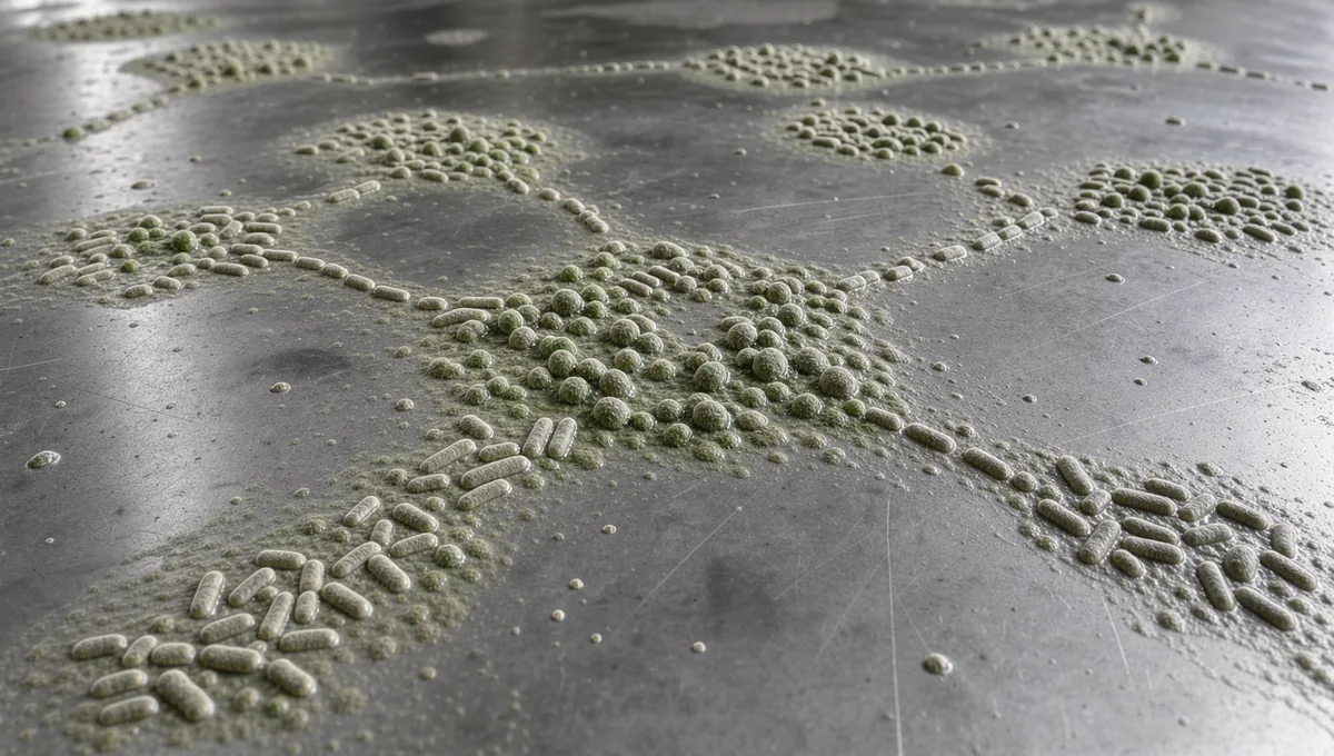 Illustrative microscopy view of bacterial clusters on a smooth metal surface.