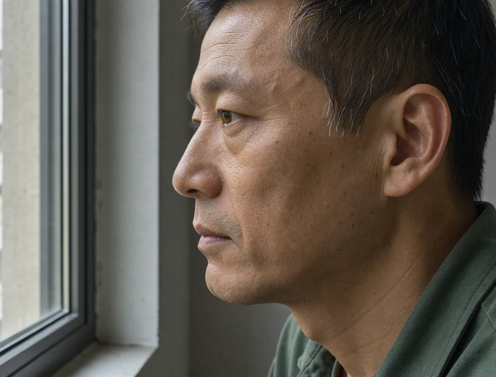 Side view of an adult face with the eye area, nose, temple and jawline visible.