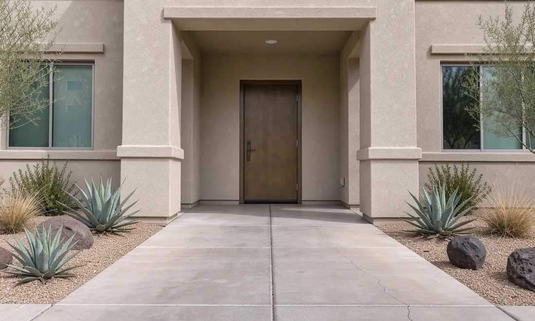 A recessed medical-office entrance with a shaded stucco porch and desert planting.